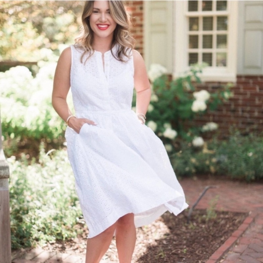J. Crew White Eyelet Shirtdress Sleeveless Cotton Dress Midi Length Full Skirt